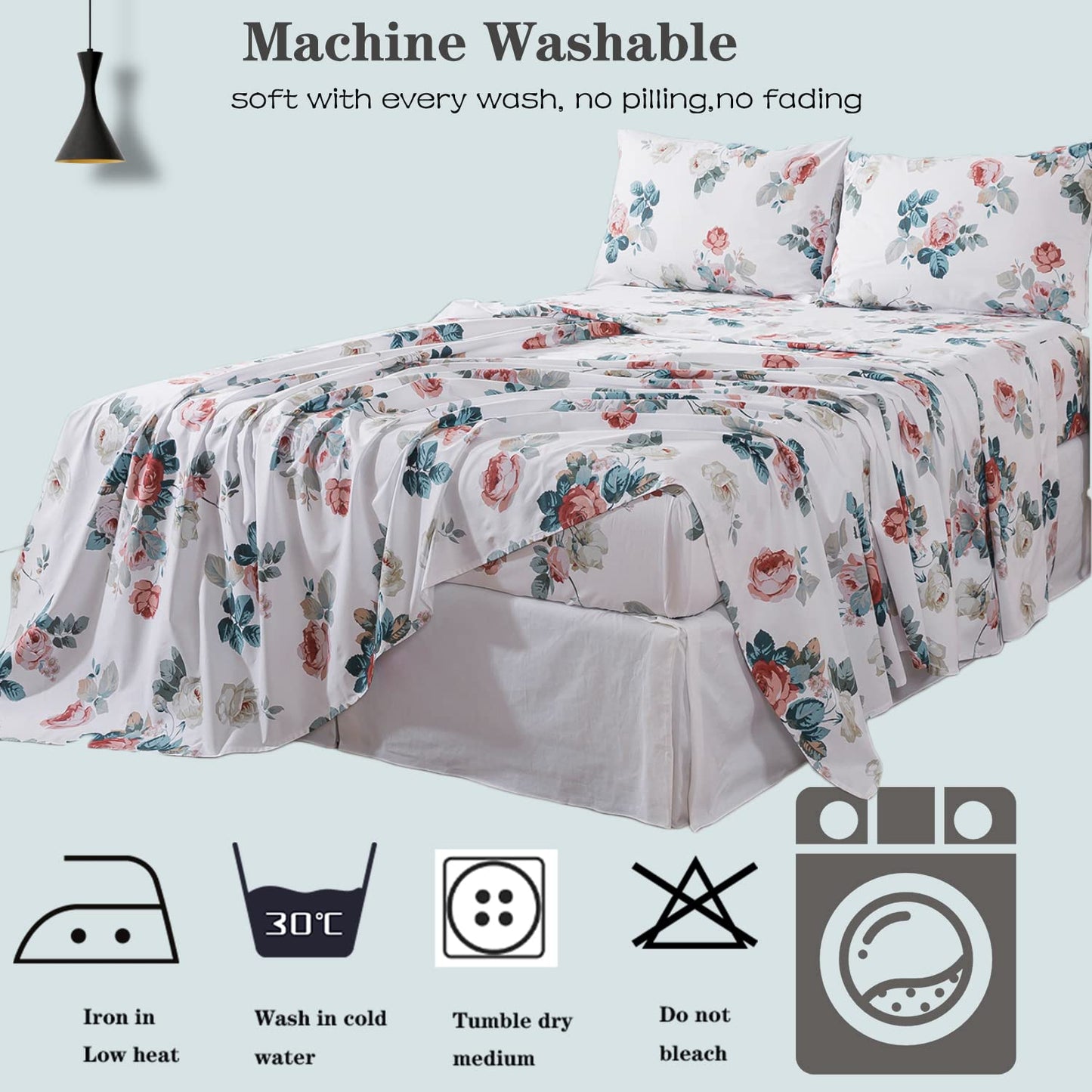 FADFAY Floral Cotton Sheets Queen 100% Cotton Flower Bed Sheets Pink White Dark Blue Leaf Print Shabby Vintage Sheet Set Chic Farmhouse Bedding Soft Crisp Breathable Deep Pocket Fitted Sheet 4Pcs