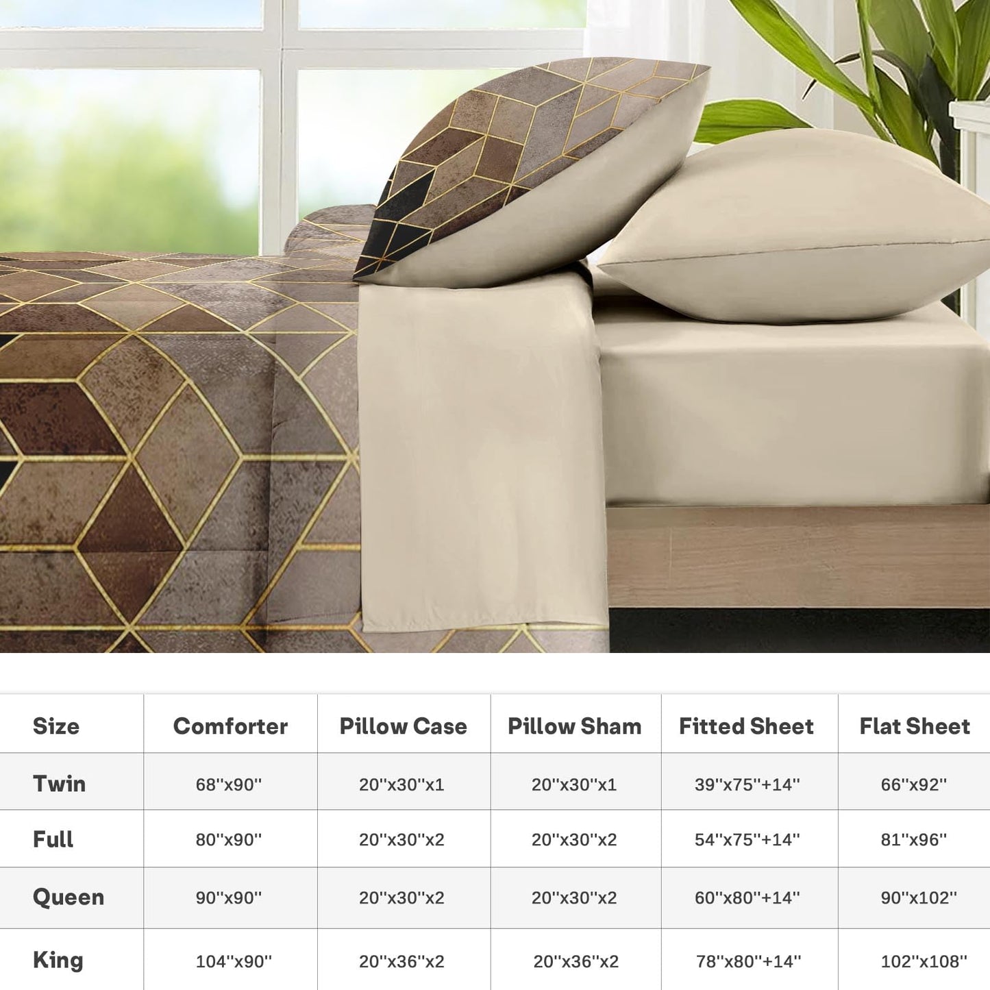 Nesker Comforter Set Full Size, Black Golden Gradient Cubic 7 Pcs Bedding for Kids and Adults, Brown Modern Geometric Bed Sheet Sets with Fitted Sheet 2 Pillowcases & 2 Shams