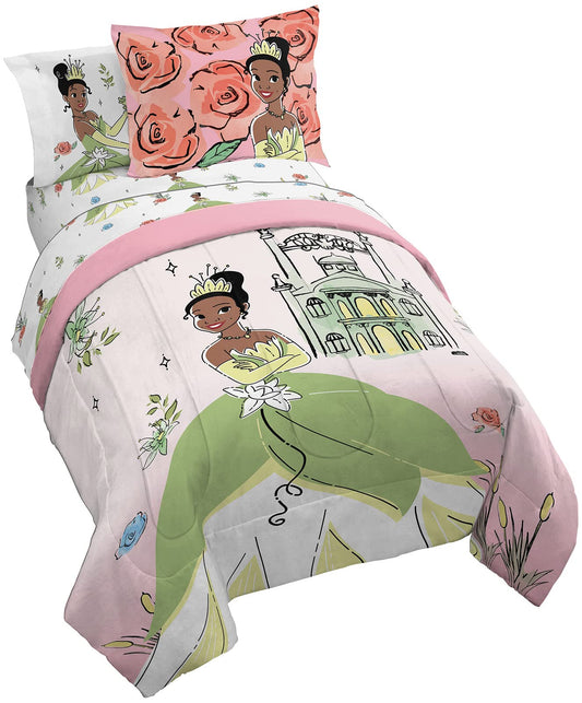 Jay Franco The Princess and The Frog Beauty & Grace 5 Piece Twin Size Bed Set - Includes Comforter & Sheet Set Featuring Tiana - Super Soft Bedding Fade Resistant Microfiber (Official Product)