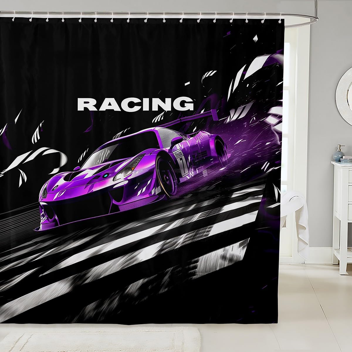 Feelyou Race Car Shower Curtain 72"x78" Waterproof Polyester Fabric Extreme Sports Bathroom Shower Curtain Set for Kids Boys Girls Games Car Kids Bathroom Accessories Automobile
