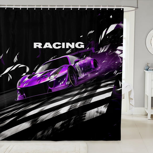 Feelyou Race Car Shower Curtain 72"x78" Waterproof Polyester Fabric Extreme Sports Bathroom Shower Curtain Set for Kids Boys Girls Games Car Kids Bathroom Accessories Automobile