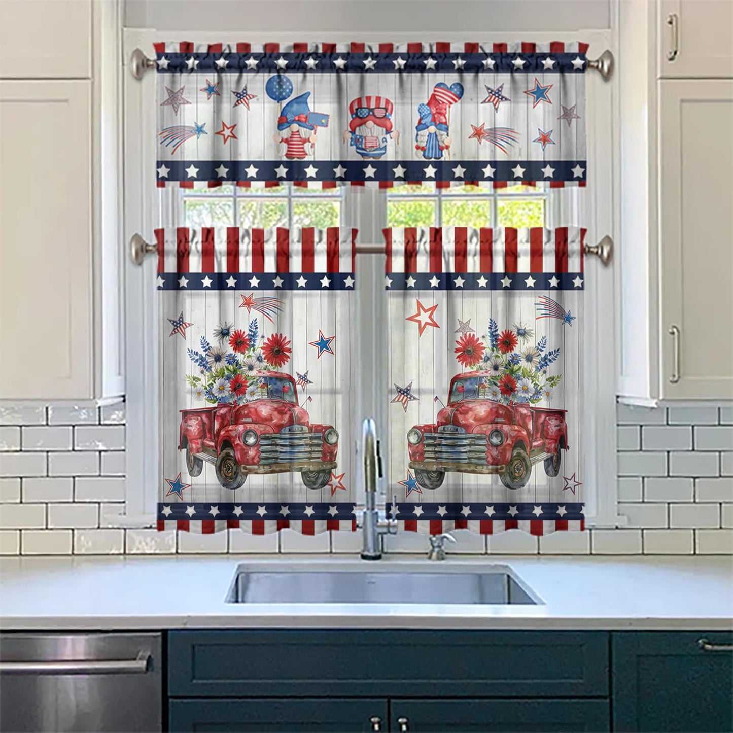 American 4th of July Kitchen Curtains Valances and Tiers Set for Windows, Patriotic Independence Memorial Day Bathroom Window Curtain Valance 3 Piece Sets,Kitchen Decor for Living Room,54"x 36"