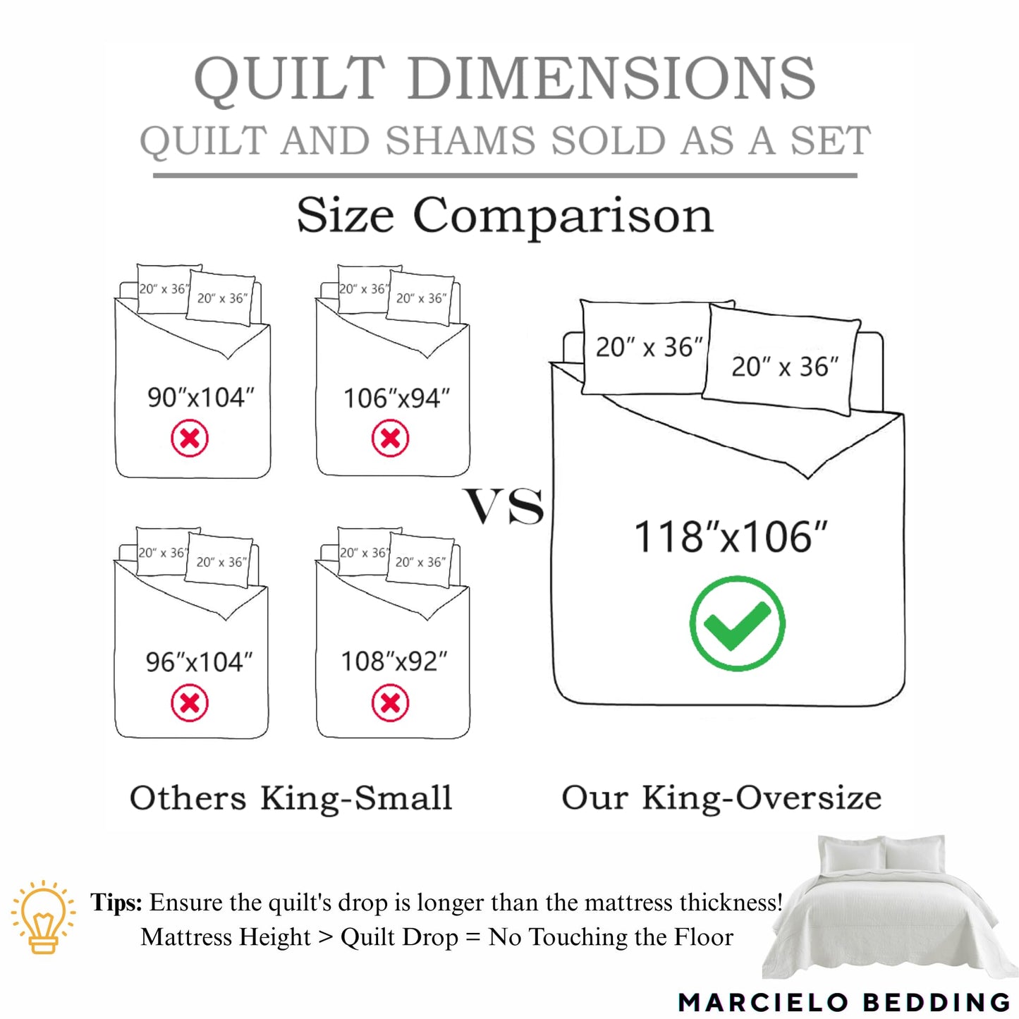 MarCielo 3-Piece 100% Cotton Oversized Bedspread Lightweight Quilt Coverlet Embroidery Farmhouse Bedding Set T0 (Bright White, Oversized King (118"x106"))