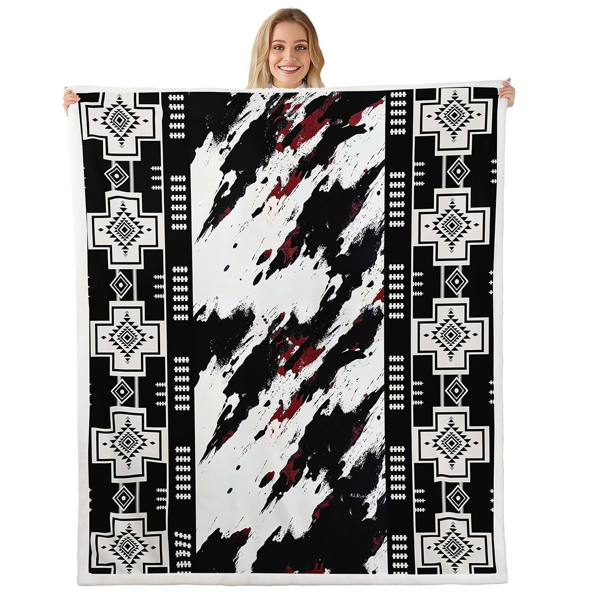 Erosebridal Western Aztec Twin Size Sherpa Blanket, Rustic Cowhide Fleece Blanket for Boys Teens Adults Bedroom, Cow Print Fuzzy Plush Throw, Boho Geometric Exotic Decor for Sofa Couch