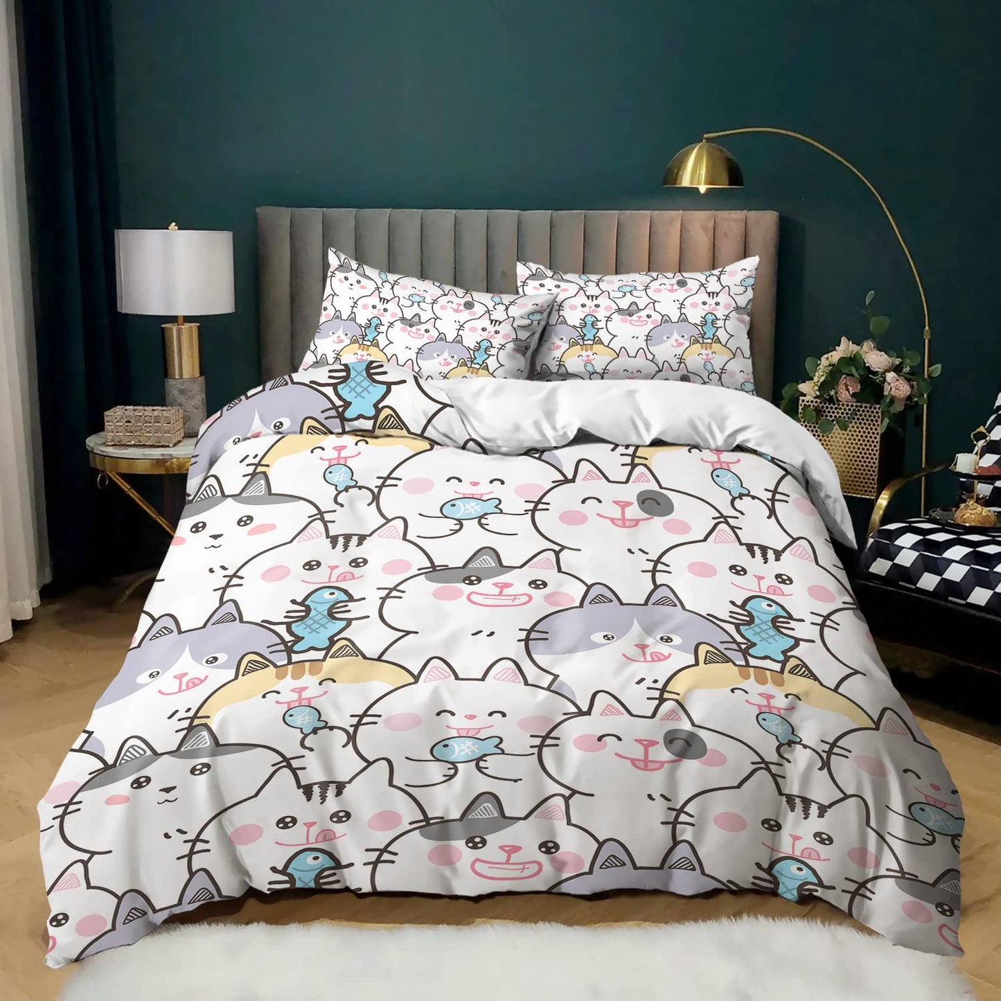 CVHOUSE Kawaii Bedding Queen Size,Kawaii Cat Bedding Set for Girls Kids Teens,Cute Cat Comforter Set Cover Soft,1 Duvet Cover 2 Pillowcases 3 Piece,Girl's Bedroom Kawaii Decor