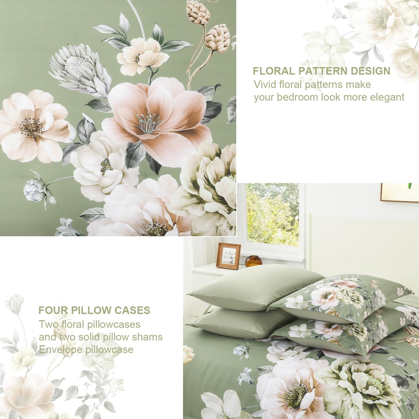 Floral Comforters Queen Size 7 Pieces Botanical Green Flower Bed in a Bag Ulter Soft Microfiber Bedding Set, Lightweight Bed Comforter Set with Sheets for All Season (Green, Queen)