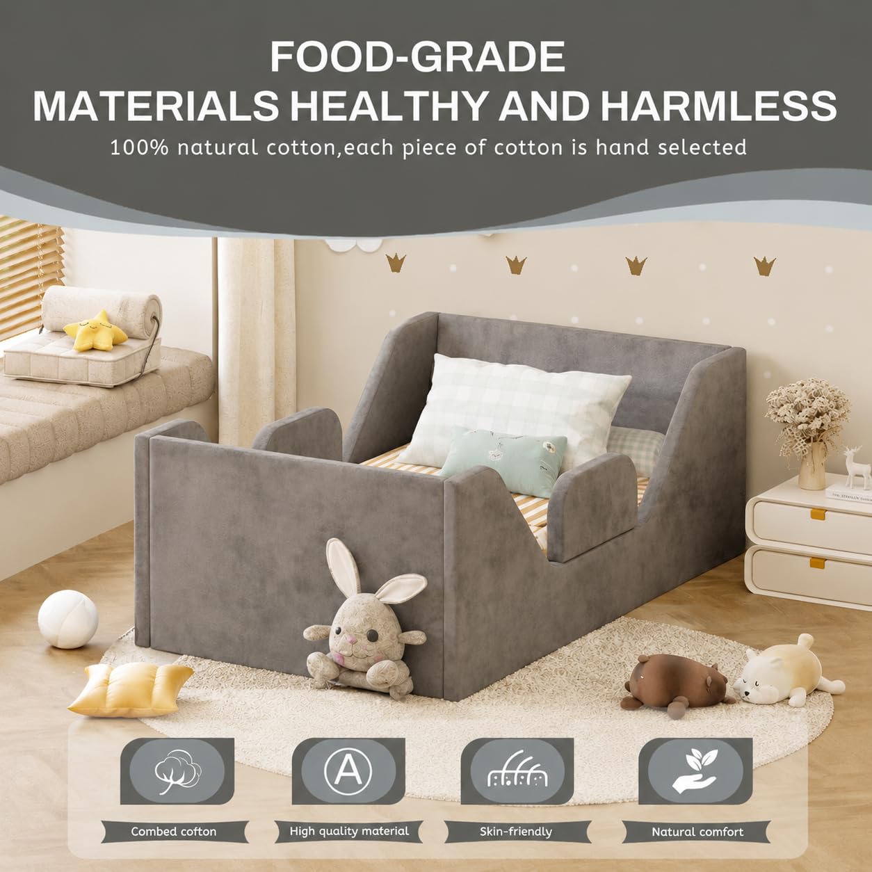 SOFTLYNICE Toddler Bed, Toddler Floor Bed Frame with Guard Rails, Small Bed for Kids Boys and Girls Aged 2-6 Years, Standard Crib Mattress Toddler Beds, Certified Fabric Toddler Beds(Big Gray)