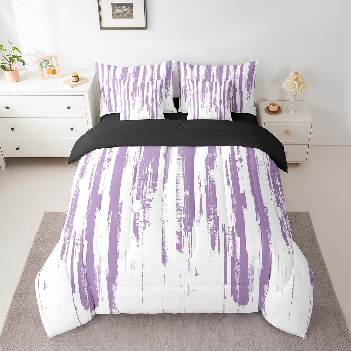 Erosebridal 7Pcs Lavender White Boho King Comforter Set,Geometric Stripes Striped Abstract Bed in A Bag for Women Men Adults Teens,Modern Art Aesthetic Violet Purple Ink Quilt Set with Pillowcases