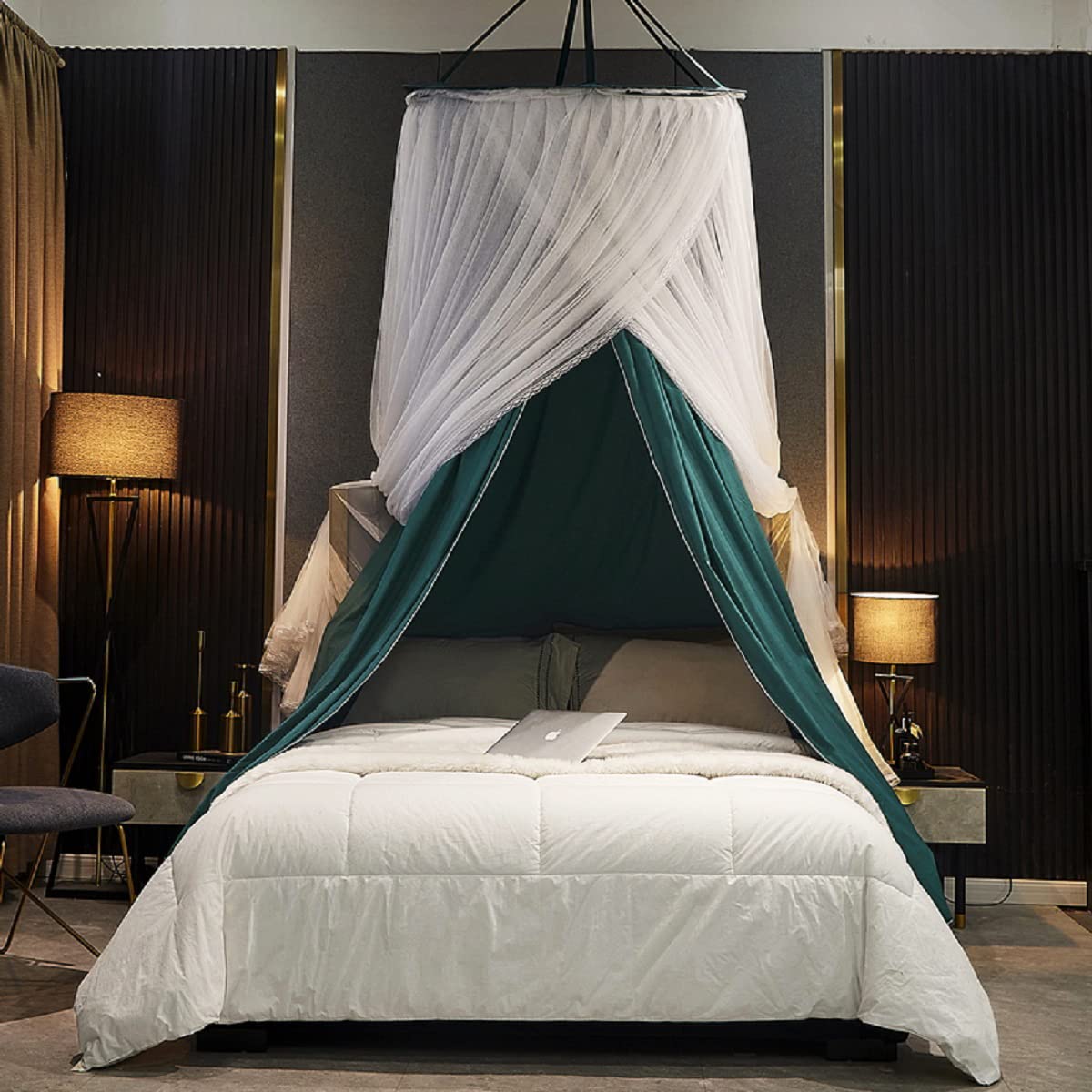 Kertnic Luxurious Bed Canopy for Girls & Adults - Double Layer Princess Canopy with Lace, Round Dome Mosquito Netting for Queen/King Bed Tent (Peacock Blue)