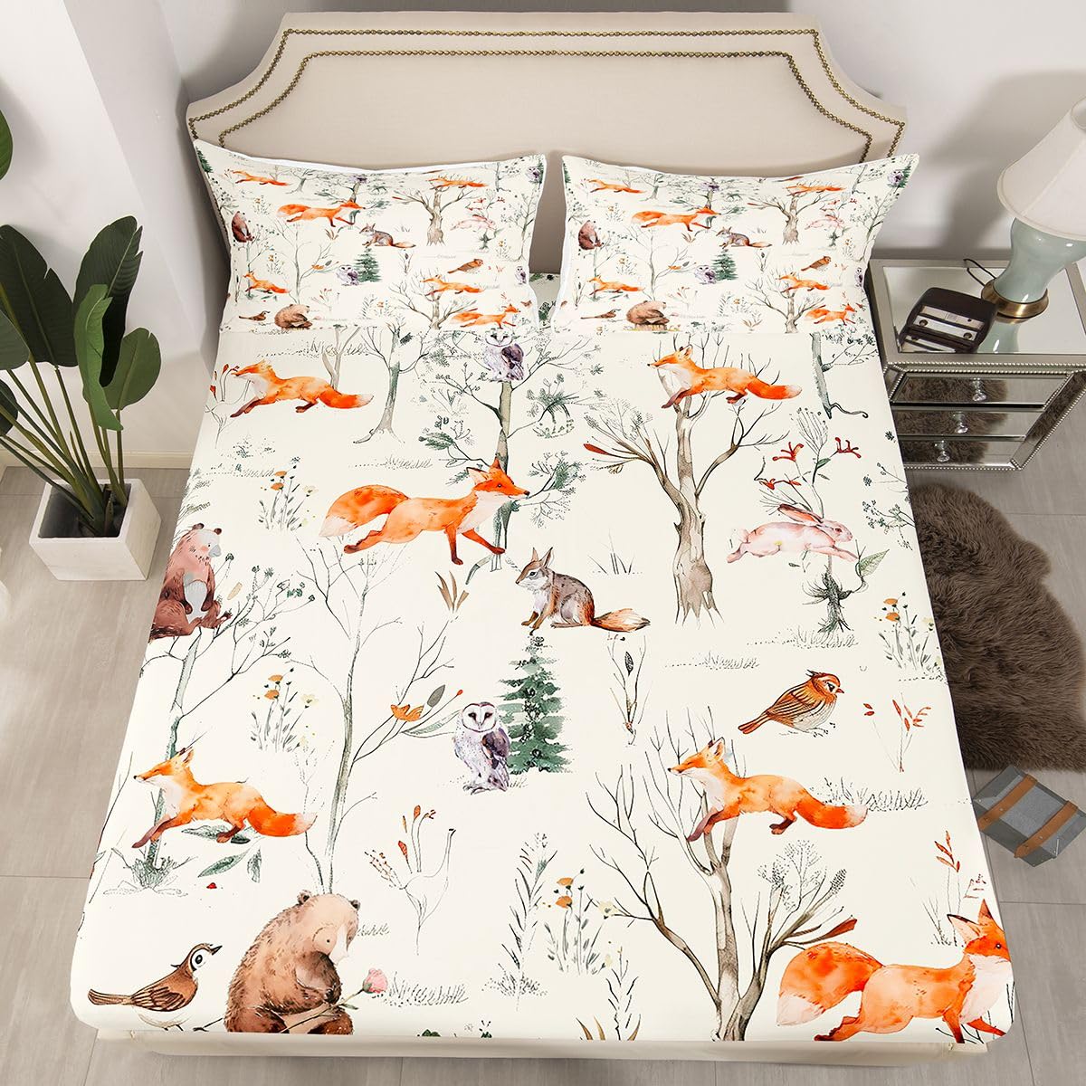 Kids Cute Animals Fitted Sheet Twin Size Cartoon Bear Fox and Rabbit Bedding Set 2Pcs for Girls Boys Adult Room Decor Foggy Tree Jungle Plants Bed Sheet Hunt Adventure Deep Pocket Sheet,Beige