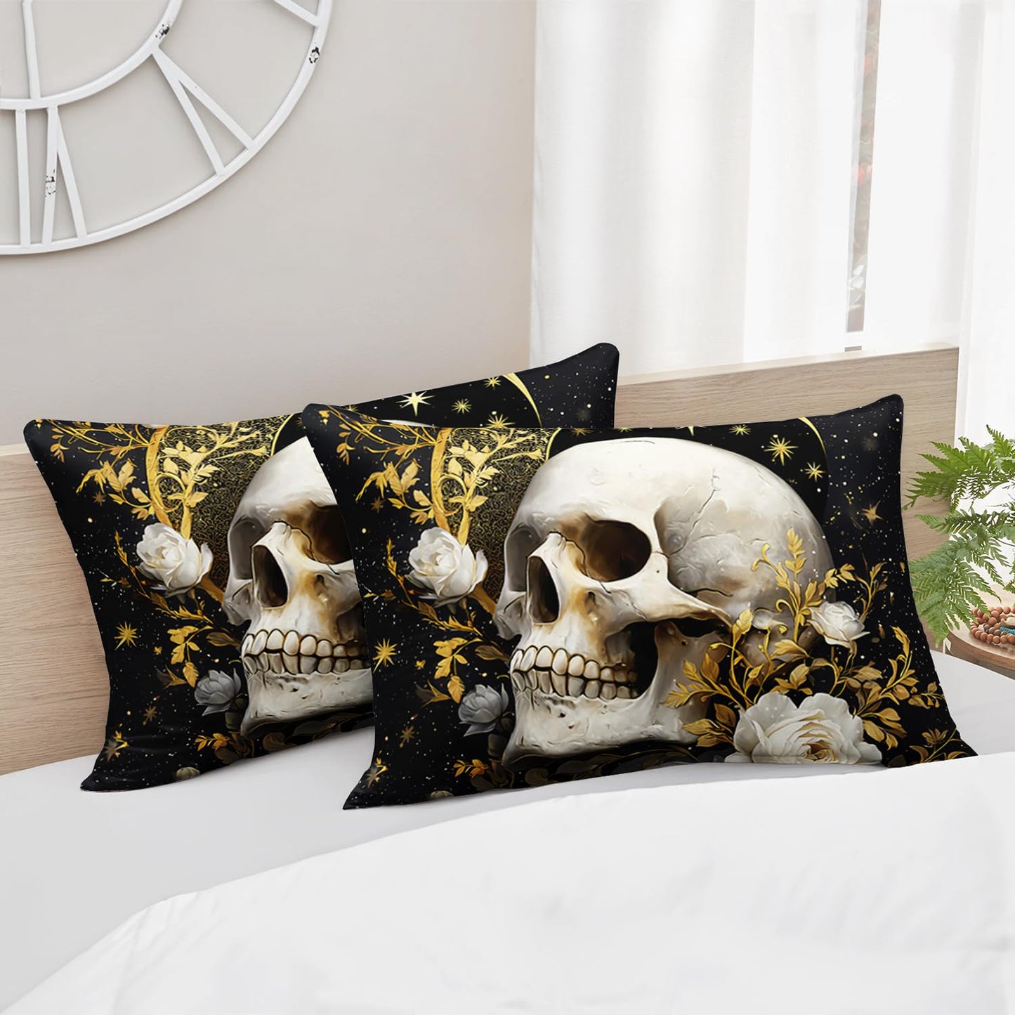 HOSIMA Death Skull Head Twin Fitted Sheet,Moon and Flowers Printed Gothic Bedding for Boys Girls Room Decor,Glowing Stars Aesthetic Background Pattern Halloween Bedding,1 Fitted Sheet+2 Pillowcases.