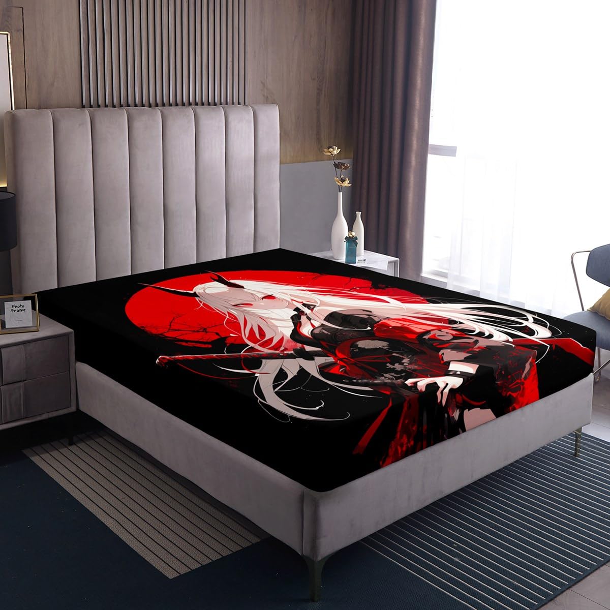 Erosebridal Full Japanese Anime Bedding Set for Kids, Anime Girl Bed Sheets Kawaii Japanese Style Fitted Sheet Cartoon Japan Animation Bed Set for Boys Teen Adult Women Bedroom,Red Black