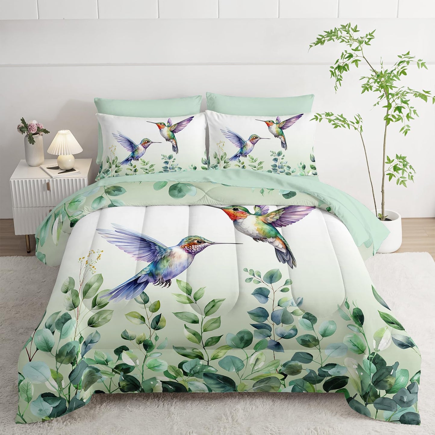 AILONEN Hummingbird Comforter Set,7-Piece Boho Green Forest Leaf Hummingbird Bedding Set Bed in a Bag Twin Size,Cute Birds Animal Comforter & Fitted Sheet & Flat Sheet & 2 Pillowcases,Soft Microfiber