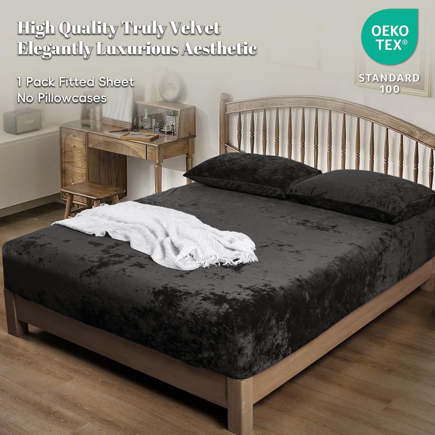 PHF Truly Velvet Fitted Sheet Only Full Size, Luxury Super Soft Cozy Fuzzy Fleece Bottom Sheet, Deep Pocket Up to 16",Strenghth Elastic Band, Suitable for Fall Winter Spring, No Pillowcases, Black