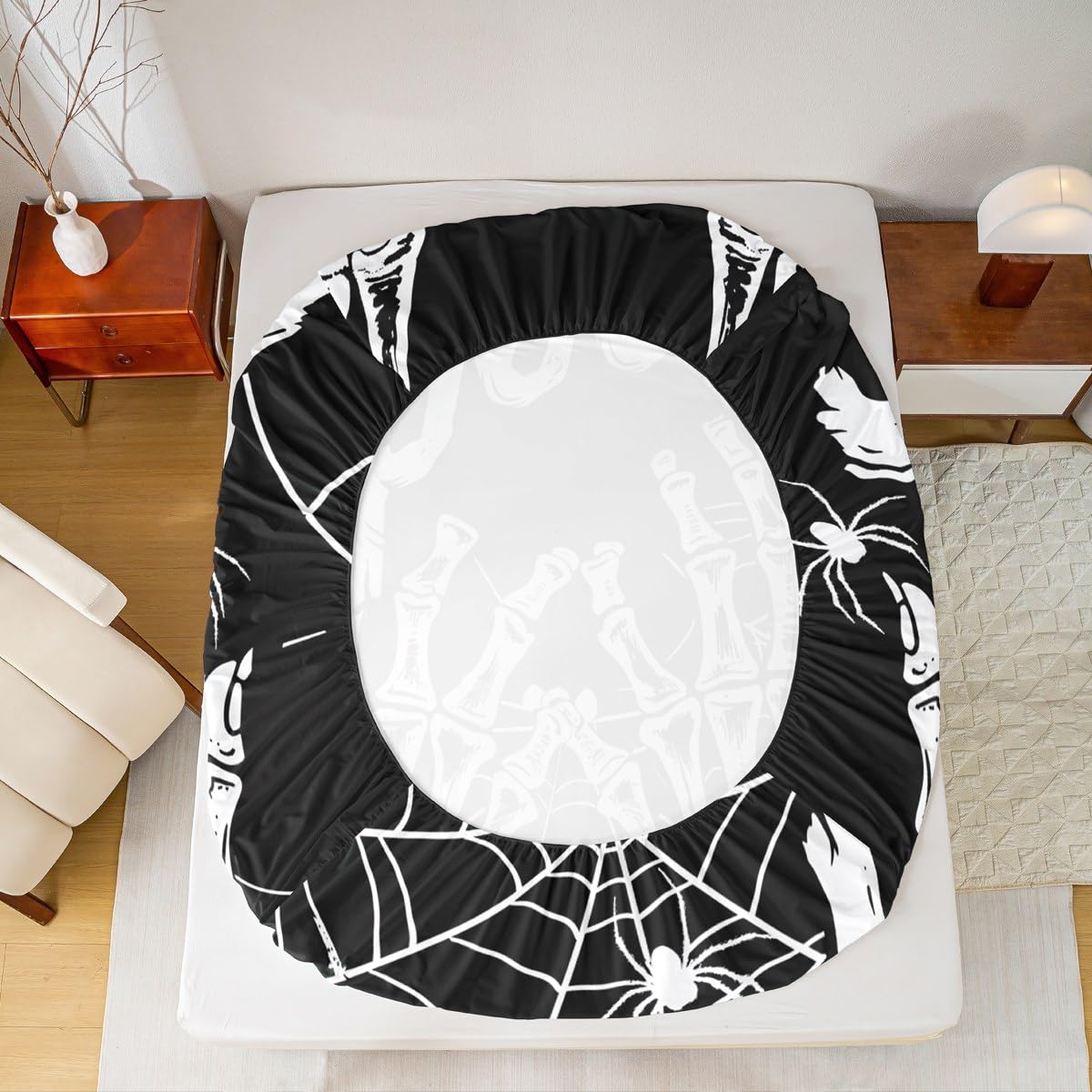 Feelyou Halloween Decor Fitted Sheet Full Size for Kids Boys Girls Skeleton Bones Bed Sheets Set 16" Deep Pocket Soft Breathable Microfiber Gothic Bedding with 2 Pillowcases Spider Web Room Decor