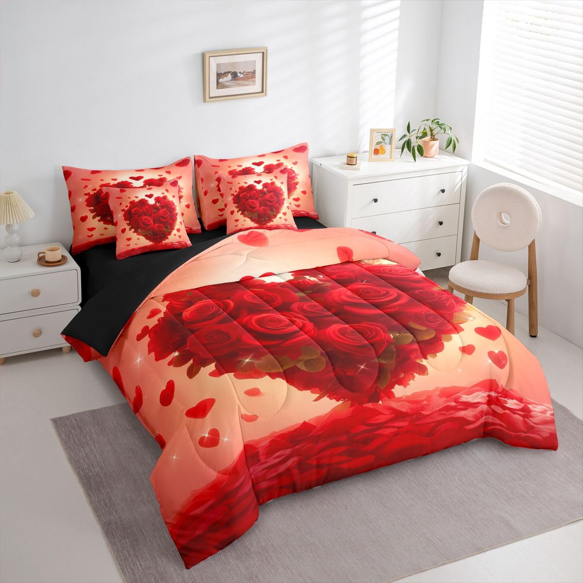 Erosebridal Romantic Red Roses Queen Bed in A Bag 7 Piece Valentine Day Comforter Set with Sheets Love Heart Pattern Rose Bedding Sets for Women Men Adults,Cute Love Heart Florals Bed Set