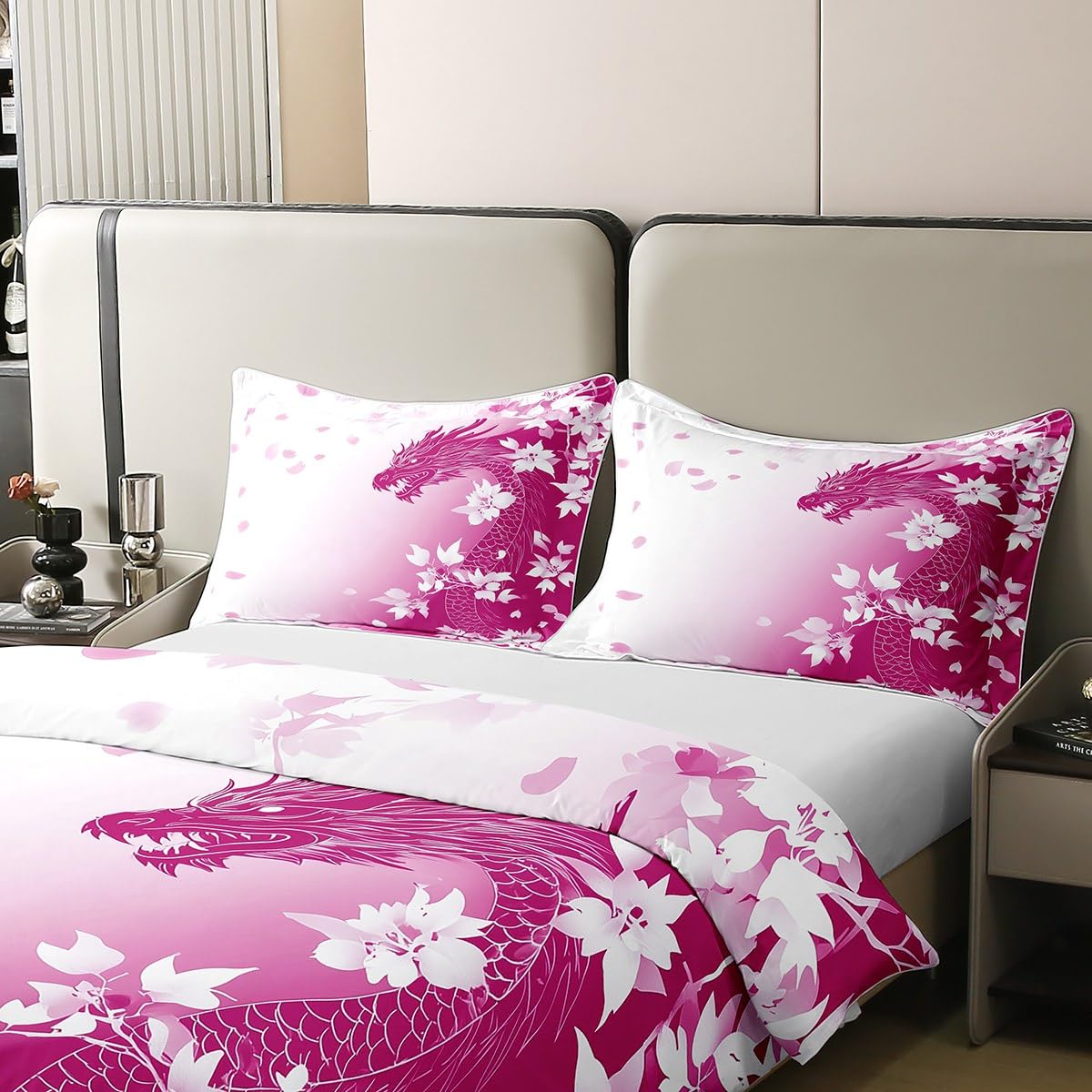 Erosebridal Pink Fantasy Dragon Duvet Cover Twin Size 100% Cotton Pink White Gradient Princess Comforter Cover for Kids Girls Teen,Wildlife Animal Bedding Set Dreamy Aesthetic Cherry Blossom Bed Set