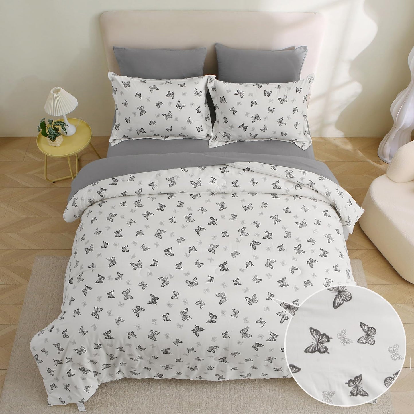 Jameswish 7 Pieces Black Butterfly Comforter Set for Girls Kids Soft Fluffy Bedding Set Full Size Bed in A Bag as Gifts (1 Comforter, 1 Flat Sheet, 1 Fitted Sheet, 2 Pillowcase and 2 Pillow Sham)