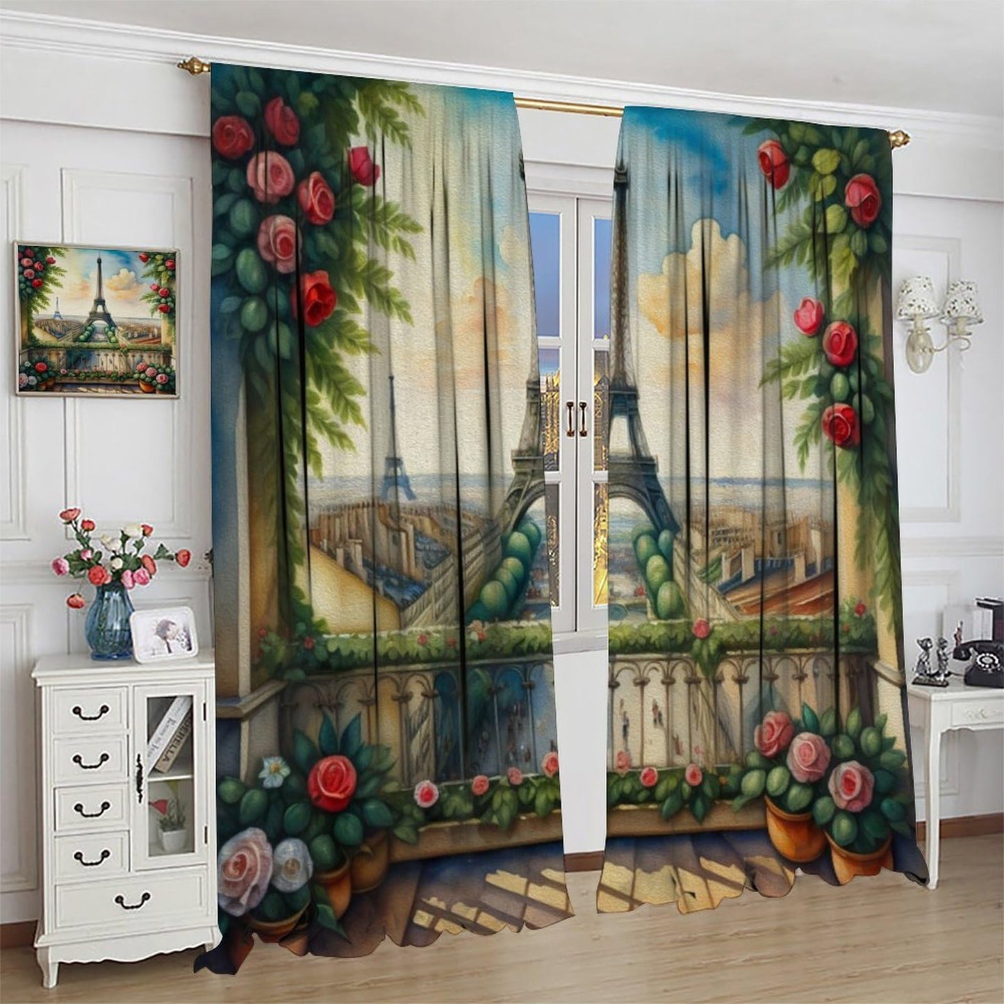 Wallira Paris Eiffel Tower Scene Curtains,Cityscape Rural Oil Painting Landscape Rose Decor Rod Pocket Window Treatments for Girl Women Aldult Bedroom Living Office Restaurant Drapes 41" W X 45" L