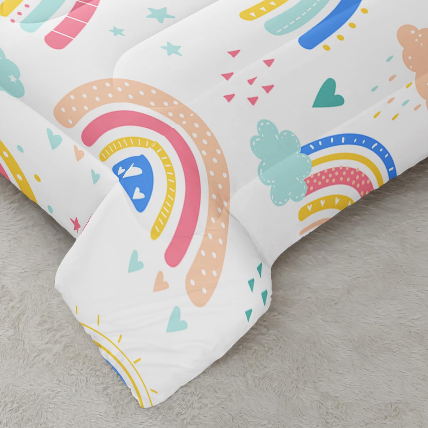 QOOMO 3Pcs Rainbow Comforter Set Twin,Cloud and Star Bedding Set for Teens Boys Girls,Colorful Printed Comforter with 2 Pillowcases,Down Alternative,Soft and Lightweight