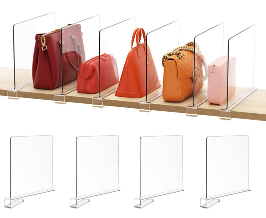 HBlife 12 Inches Tall [Extra Tall Version] Clear Shelf Dividers, 4 Pack Purse Organizer for Closet Perfect for Sweater, Shirts, Handbags, Acrylic Adjustable Bookshelf for Organization