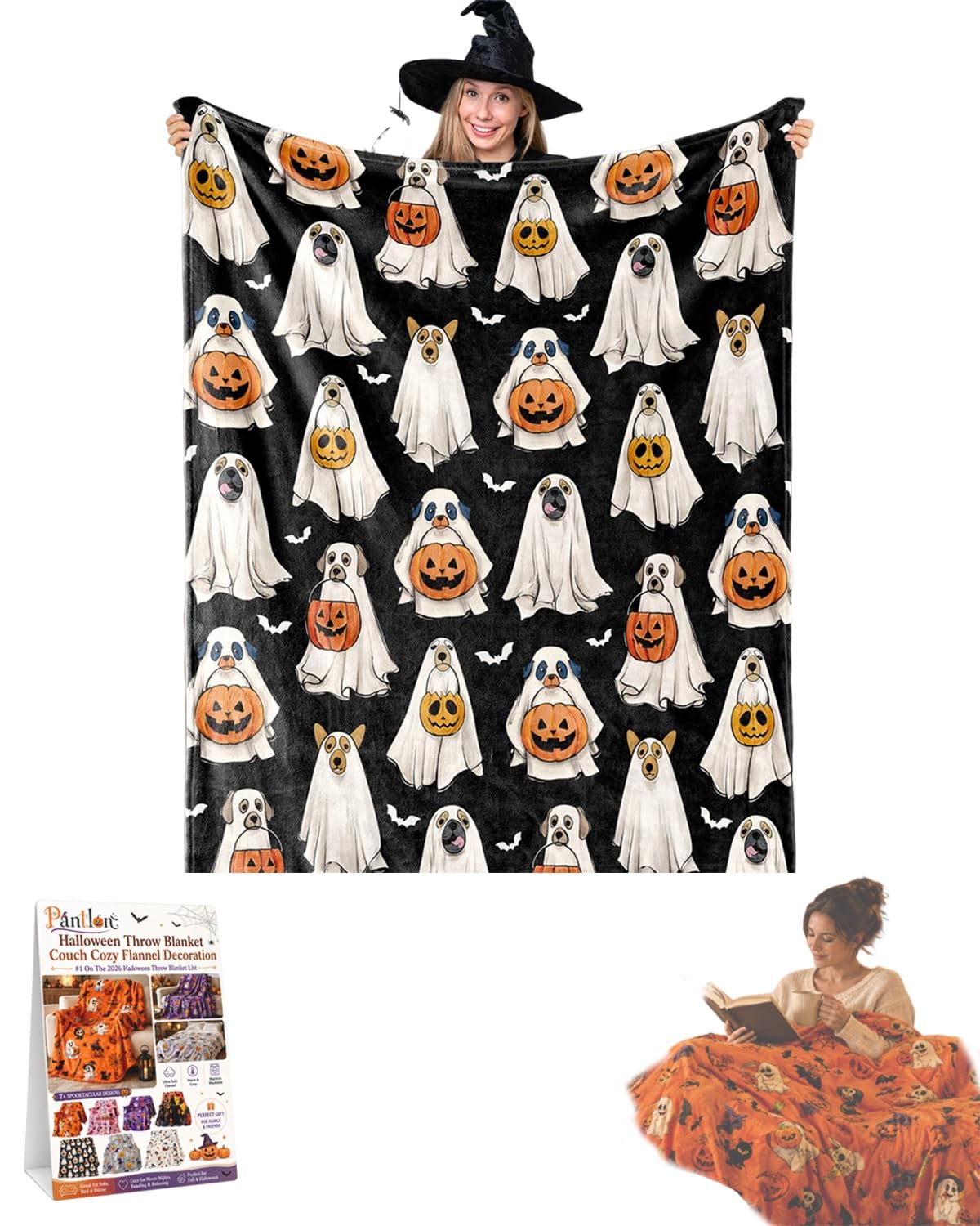 Halloween Throw Blanket Couch Cozy Flannel Decoration for Party Bed Soft Flannel Ghost Blanket Halloween Harvest Gifts Horror Ghost Bat Pumpkin(Model5,50x80in)