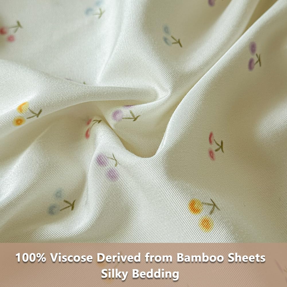 JaTaCa Colorful Cherry Full Sheet Set, Cooling Boho 100% Viscose Derived from Bamboo Sheets, Silky Bedding for Hot Sleepers, 4-Piece Full Flower Print Bedding Set with Deep Pocket up to 16"