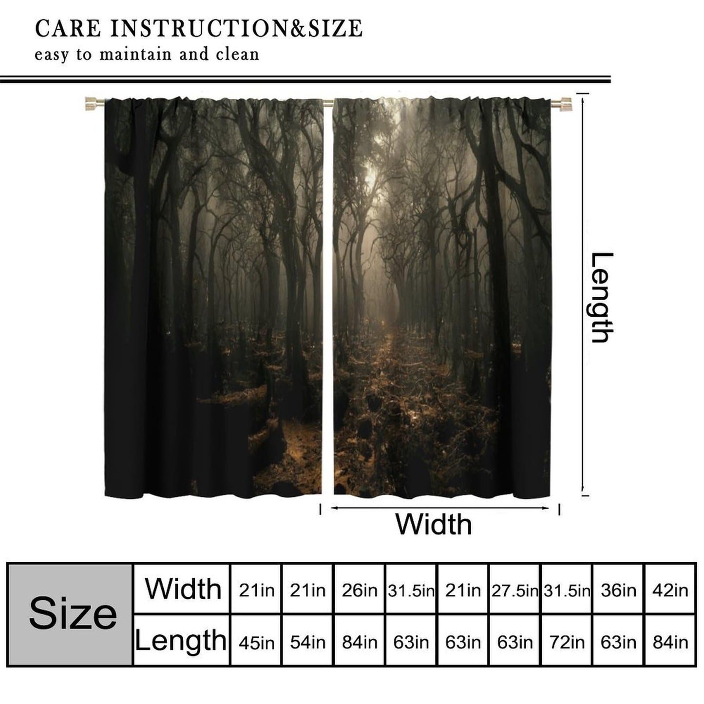 SHElifestyle Gothic Curtains - Mysterious Foggy Horror Dark Wood Halloween Forest Fireflies Window Drapes for Bedroom and Living Room, W42 x L45