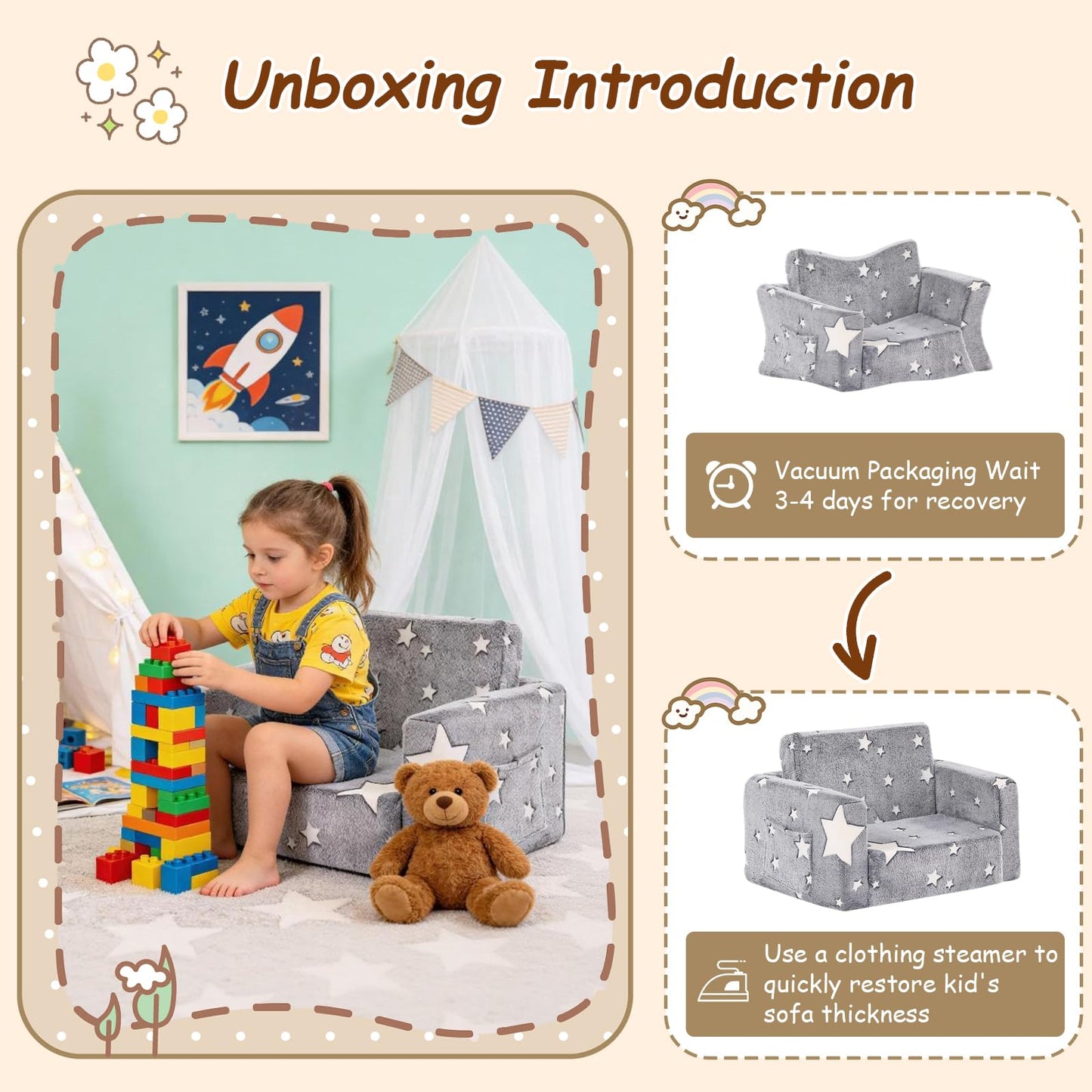 Givjoy Toddler Chair Plush Kids Couch, 2-in-1 Glow in The Dark Comfy Armchair Removable and Washable Cover Carrying Handle, Kids Reading Chair Toddler Couch for Playroom, Girls and Boys, Grey Star