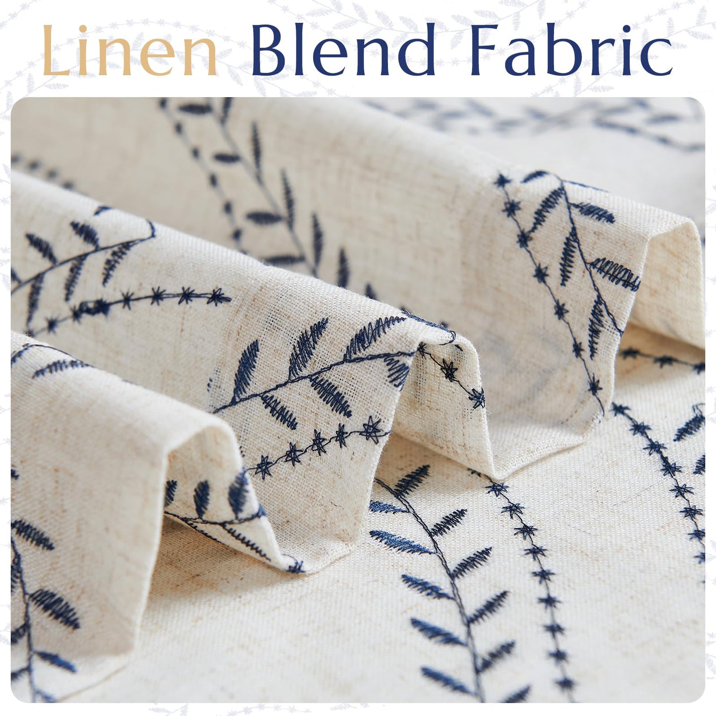 jinchan Boho Linen Blend Beige Farmhouse Curtains 84 Inch Length 2 Panels Set Blue Embroidered Leaf Living Room Ogee Geometry Drapes Light Filtering Curtains Grommet Blue on Flax