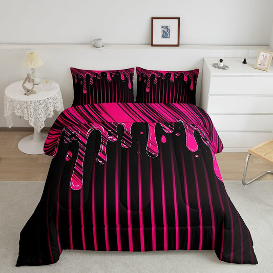 Feelyou Ombre Hot Pink Black Bedding Set Full Size Geometric Stripes Reversible Comforter Set for Abstract Art Comforter Ultra Soft Decor Modern Droplet Type Duvet Set