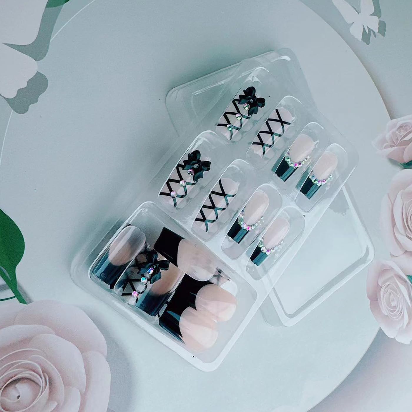 Black French Tip Press on Nails Medium Long Rhinestone Bow Diamond French Nails Square Bling Glossy 3D Bow False Nail Tips Artificial Nails Finger Manicure for Women and Girls 24pcs