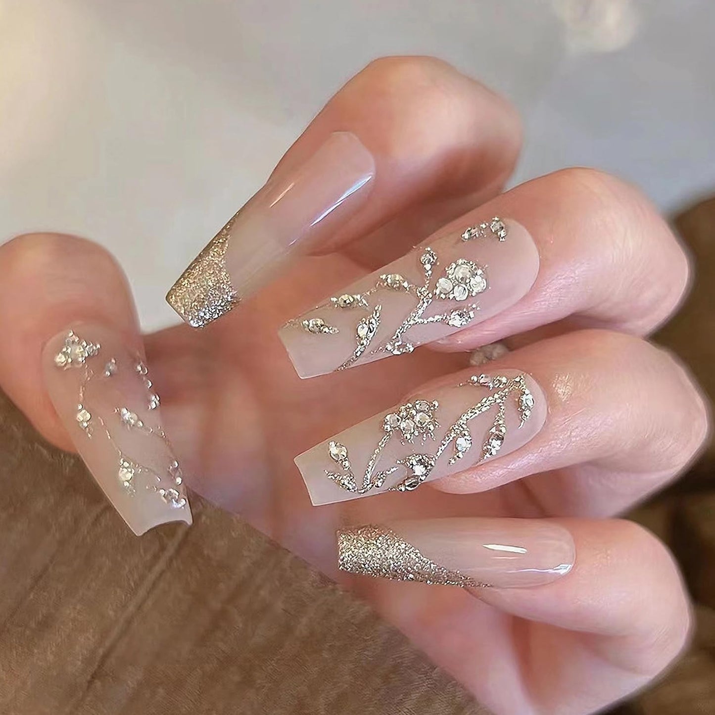 MISUD Press on Nails - Long Coffin Glue on Nails with Bling Glitter Rhinestone, Acrylic Nude Design 24 pcs