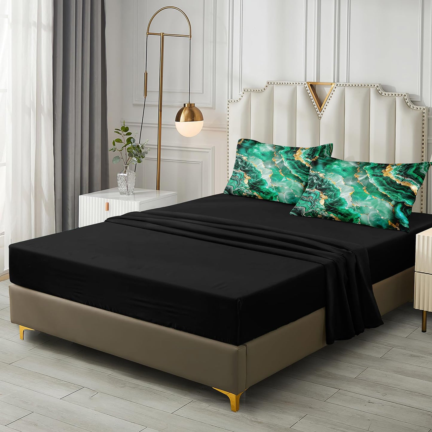 Bedbay Black Gold Comforter Set King Size Green Gold Marble Comforter 8 Pcs Emerald Green King Bed in a Bag Marble Bedding Set 1 Comforter 4 Pillowcases 1 Flat Sheet 1 Fitted Sheet 1 Cushion Cover