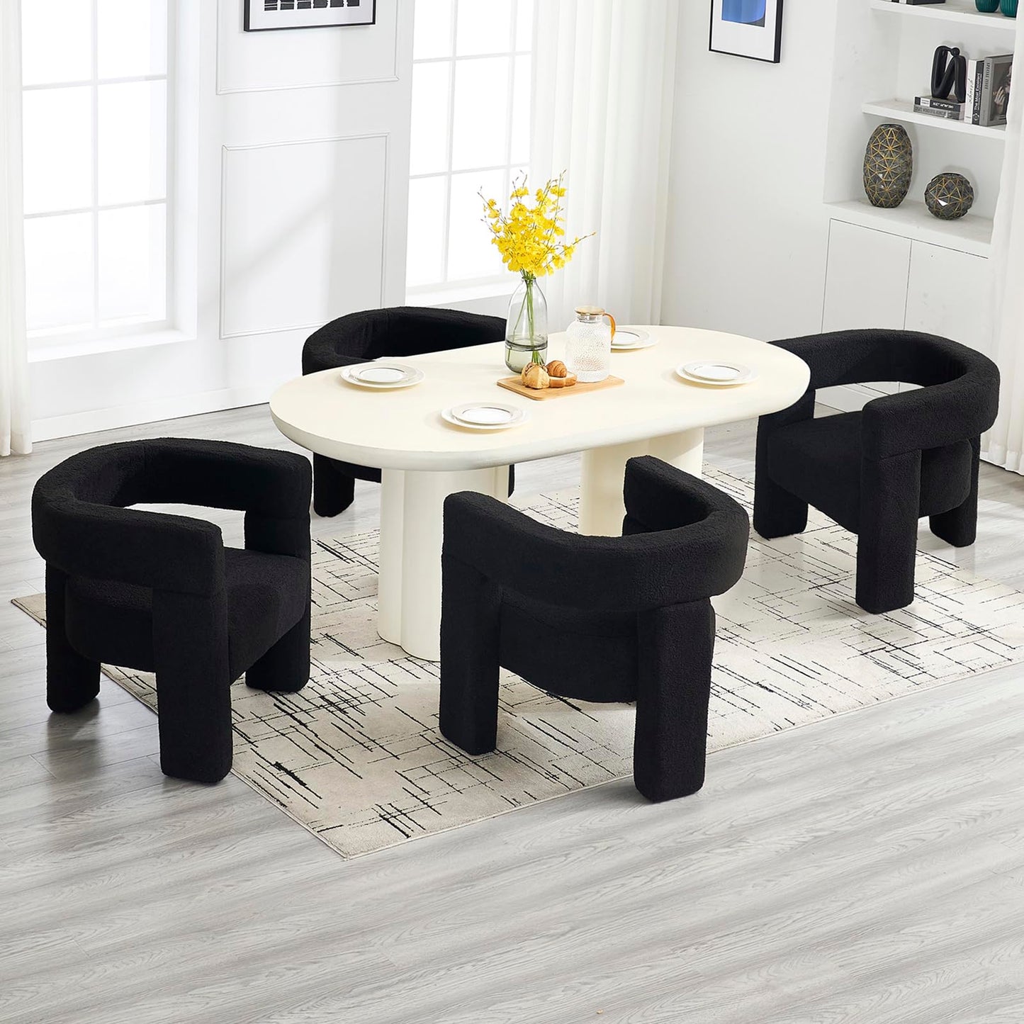 KHISCHMO Sherpa Boucle Accent Chair, Mid Century Modern Dining Room Chair, Comfy Upholstered Side Armchair Cute Barrel Side Chairs with 3 Legs for Bedroom/Kitchen/Living/Balcony/Reception,Black