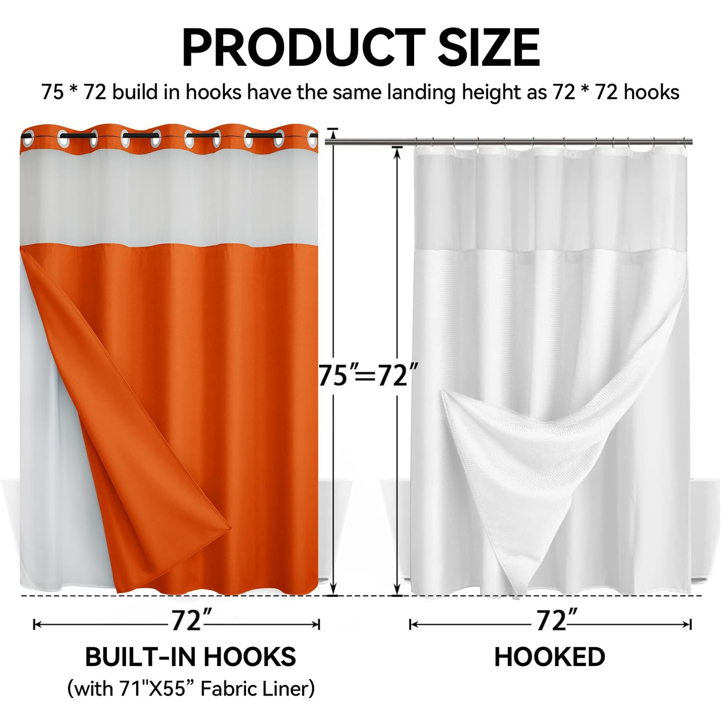 Blotixn Fall No Hook Slub Textured Shower Curtain with Snap in Fabric Liner, Modern Hotel Style with See Through Top Window, Orange Fabric Outer Curtain & Waterproof Inner Liner, 72 * 75 in