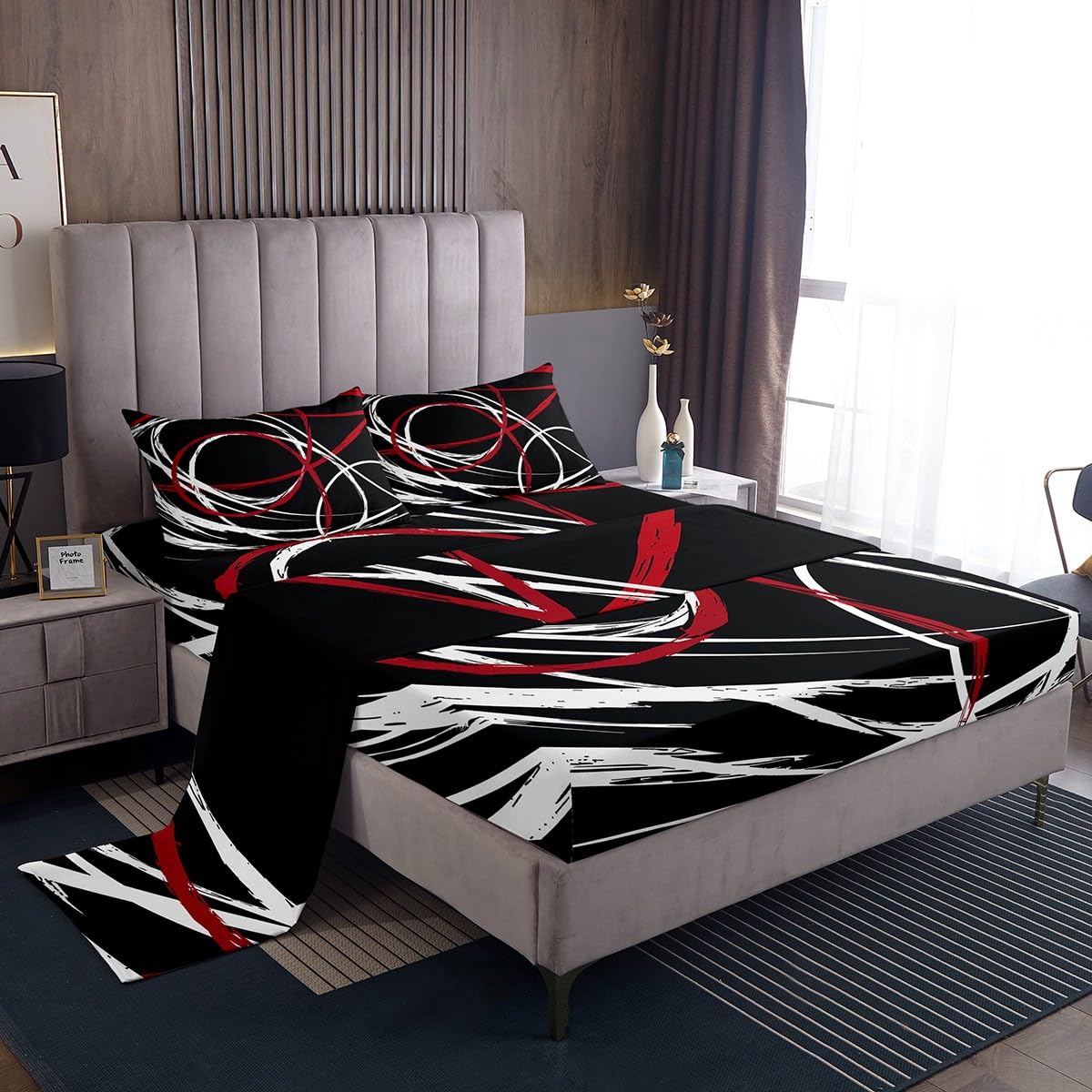 Kids Abstract Spiral Stripes Bed Sheet Set King Size,Modern Red Black White Bedding Set for Children Adult Bedroom Xmas Present,Geometric Circle Bedding (1 Fitted,1 Flat,2 Pillowcases), Microfiber