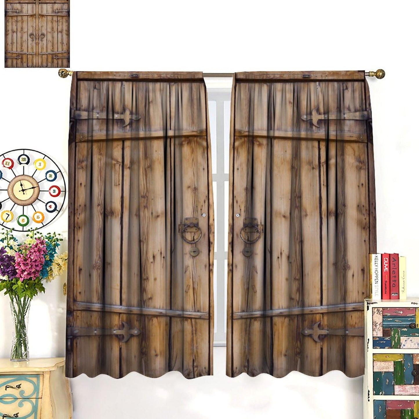 SXXLDNG Retro Rustic Barn Door Curtains,Western Country Farmhouse Old Wooden Door Window Treatments for Bedroom Living Room Kitchen Window Drapes 2 Panels Set,Total Size 42" x 45"