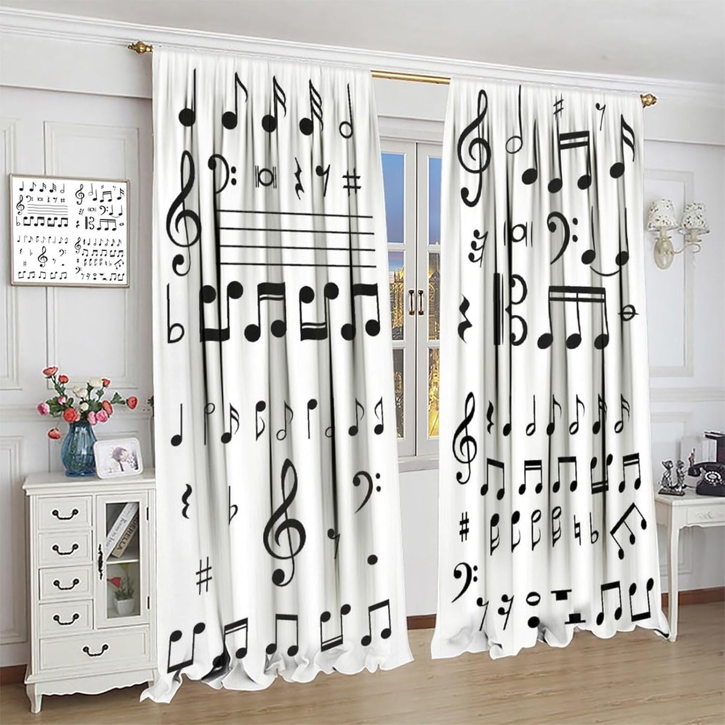 HZOHNAGO Music Curtain Black and White Musical Notes Blackout Print Rod Pocket Window Drapes for Bedroom Living Room 42x45in