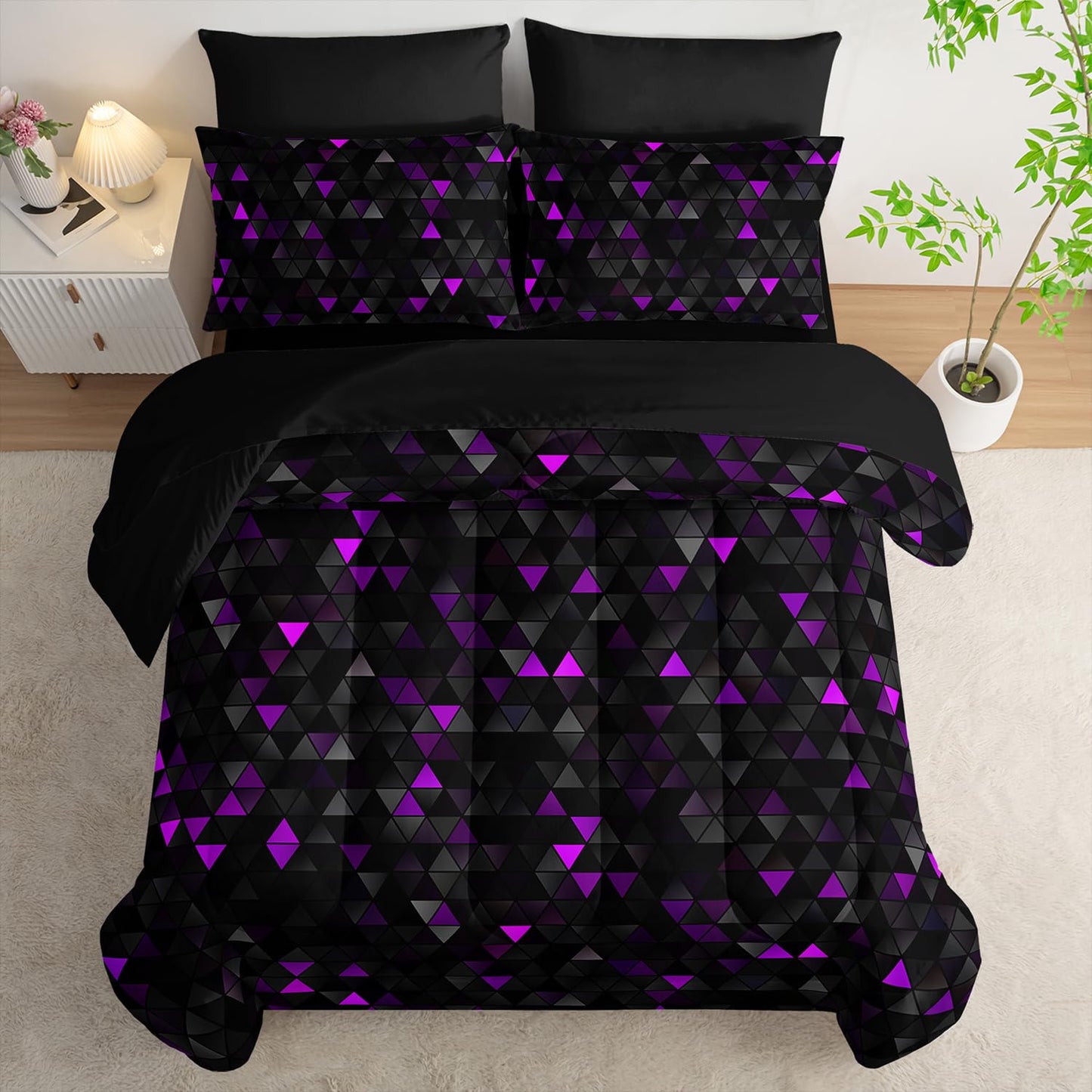 Nttopship Geometric Violet Black Triangle King Size Comforter Set,Light Honeycomb Bedding Set 7 Piece in A Bag,Bed Sheet Set Geometry Decor,Microfiber Lightweight All Season