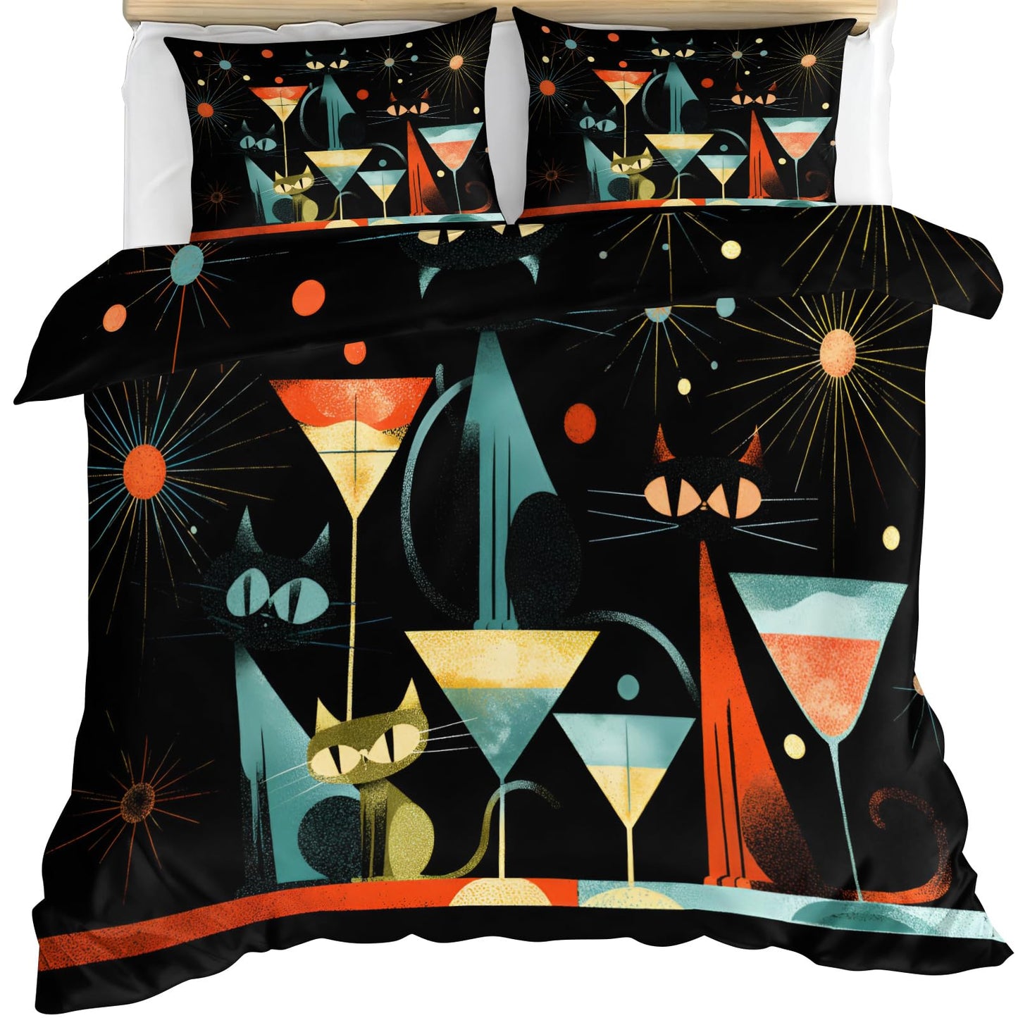 ZAMODE Cat Duvet Cover Queen Size, Mid Century Atomic Cat Comforter Cover 90" x 90", Abstract Funny Kitten Bedding Set with 2 Pillowcases