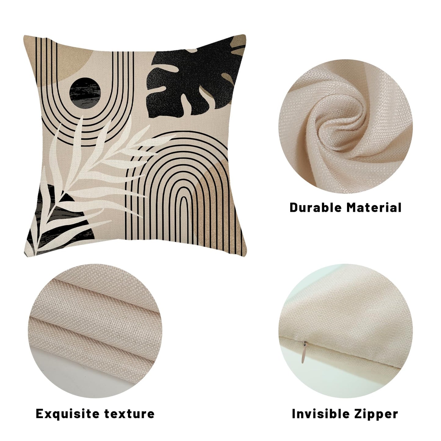 DAFENA Black Boho Pillow Covers 18x18 Inch 2 Pcs Beige Brown Tropical Leaf Mid Century Summer Outdoor Decor Throw Pillows Modern Geometry Farmhouse Decoration Pillowcase Linen Cushion Cover for Couch