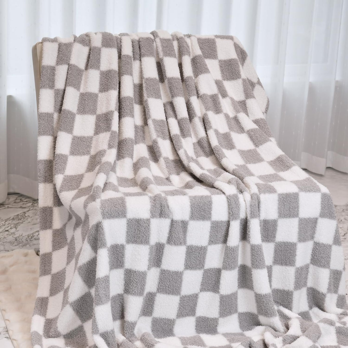 MERRYLIFE Checkered Throw Blanket Knitted Double-Side Checkerboard Grid Microfiber Ultra-Plush Soft Fuzzy Cozy Blanket for Couch Chair Bed Travel (Grey-1, 50x60inch)