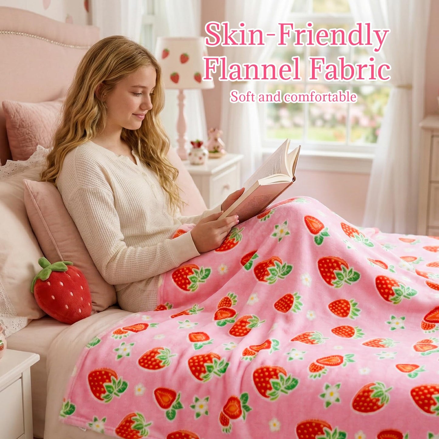 Glow in The Dark Strawberry Blanket for Women Girls, Cute Pink Fleece Throw Blanket, Soft Throw for Bedroom Couch Sofa Decor, Christmas Strawberry Gifts for Women Kids Teens