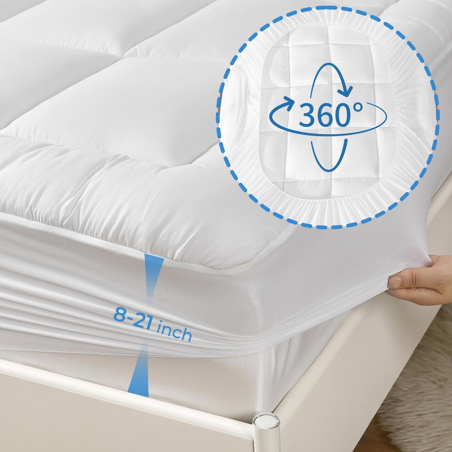 YUGYVOB Queen Mattress Topper -600GSM Extra Thick Cooling & Breathable Mattress Pad with Deep Pocket 8"-21" & Soft Down Alternative Filling, White