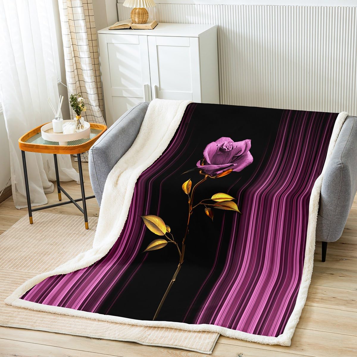 Feelyou Abstract Ombre Fleece Throw Blanket Throw 50"x60" Kids Romantic Rose Plush Blanket for Bed Sofa Couch Boys Girls Teens Purple Pink Sherpa Blanket Soft Geometric Striped Fuzzy Blanket