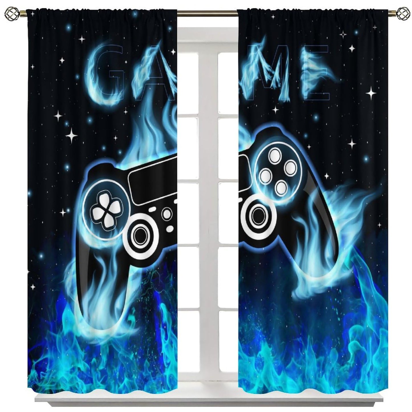 wlsgdsg Blue Gamer Curtains for Boys,Fantasy Cartoon Flame Video Computer Gamepad Starry Window Treatments Print for Kids Teenage Bedroom Living Room 41x44.5in（No Blackout）