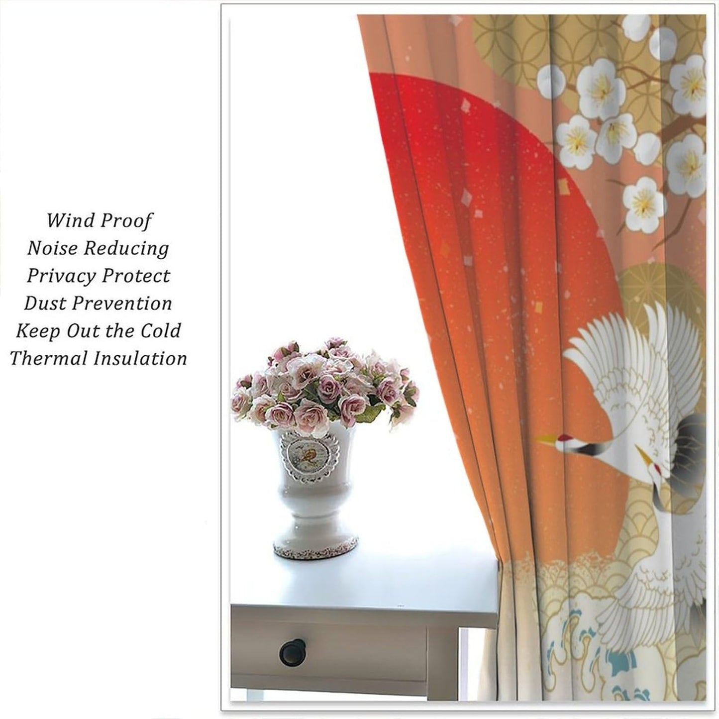 Japanese Floral Crane Curtain, Orange White Plum Blossom Flying Cranes Teal Waves Red Sunset Theme Print Decor Rod Pocket Window Drapes, for Bedroom Living Room 42" W X 45" L