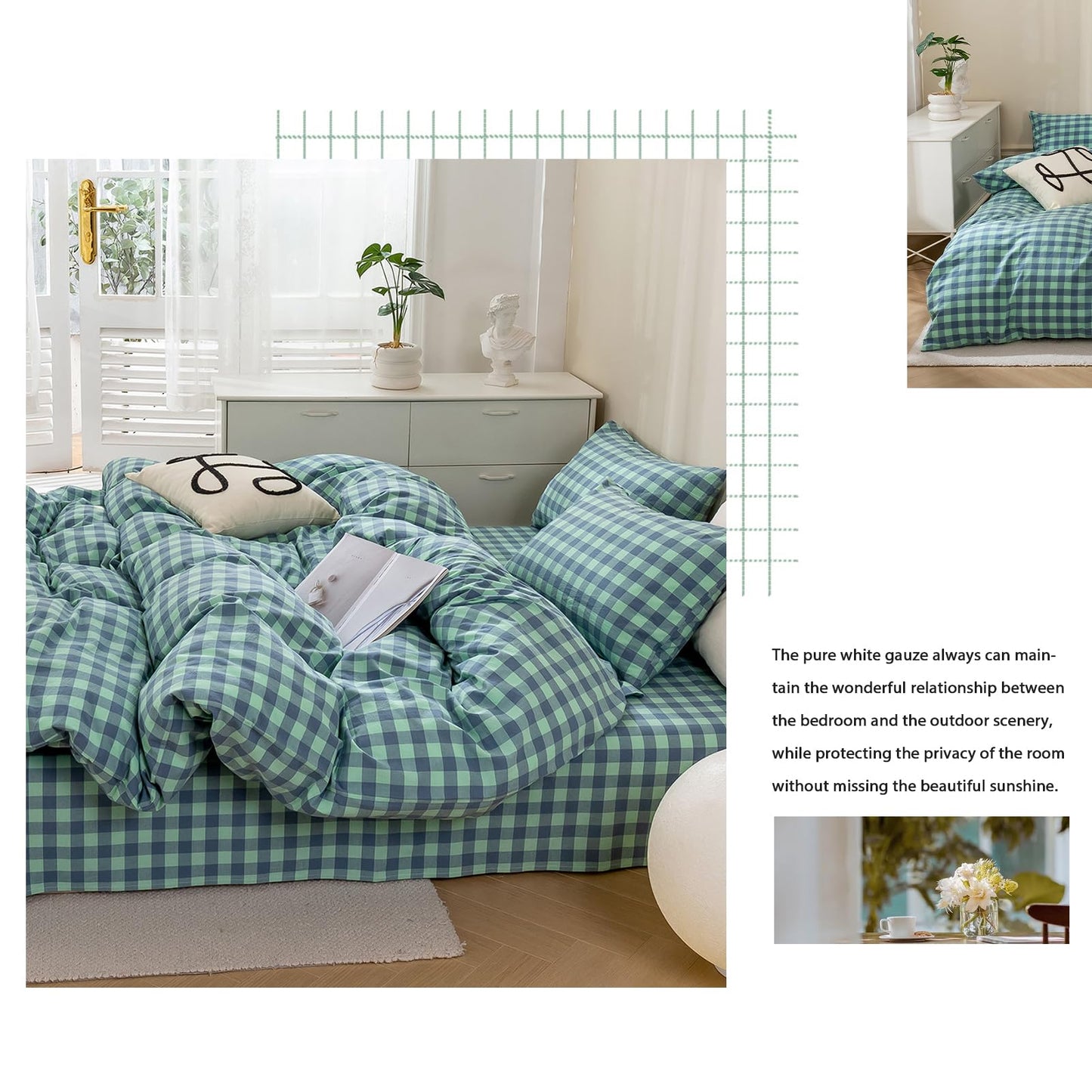 VM VOUGEMARKET Green Plaid Bedding Set Queen 3 Pieces Denim Blue Checkered Duvet Cover with Zipper Ties 2 Pillowcases 100% Washed Cotton Luxury Soft Breathable Durable