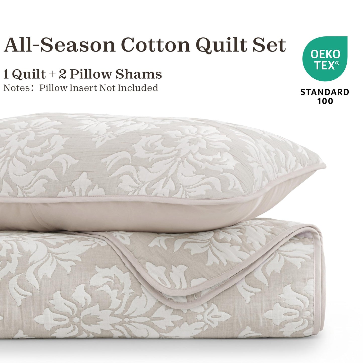 Exclusivo Mezcla Cotton Quilts King Size Beige, Soft Lightweight Bedspread Breathable Prewashed Bed Coverlet with 2 Pillow Shams, Boho Pattern Yarn Dyed Muslin Quilt Bedding Set for All Seasons